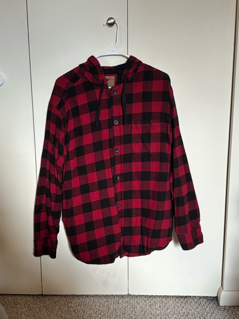 Red and Black Buffalo Plaid Hooded Button-Up Jacket